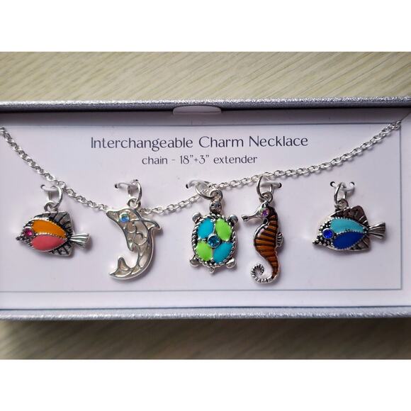 NECKLACE-Silver Tone-Charms-Interchangeable-Beach-Fish-Turtle-Fashion Jewelry - Picture 1 of 5